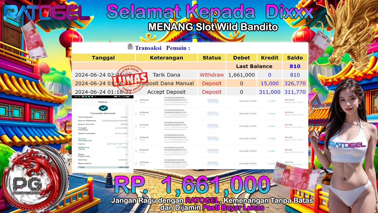 BUKTI JACKPOT SLOT WILD BANDITO TERPERCAYA DI INDONESIA TGL 24-06-2024