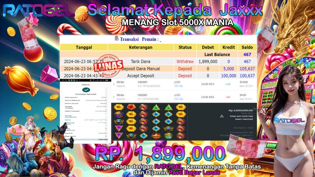 BUKTI JACKPOT SLOT 5000X MANIA TERPERCAYA DI INDONESIA TGL 23-06-2024