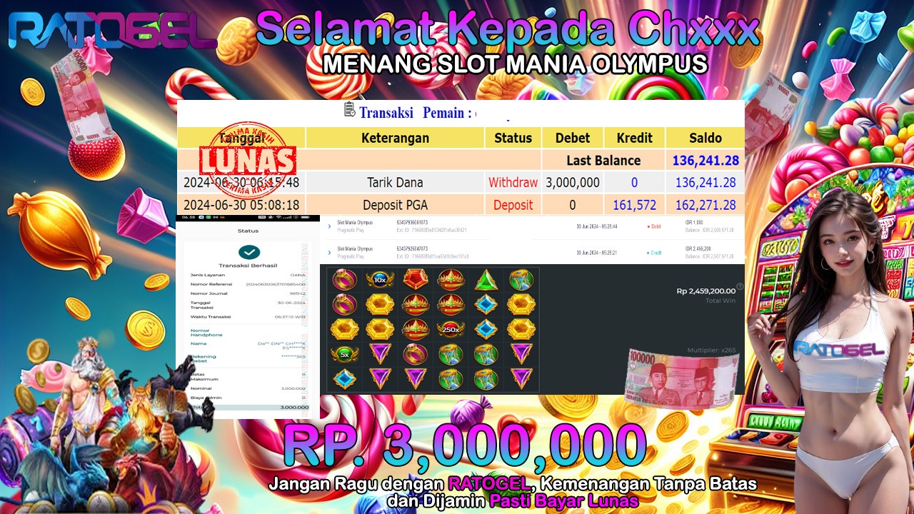 BUKTI JACKPOT SLOT MANIA OLYMPUS TERPERCAYA DI INDONESIA TGL 30-06-2024