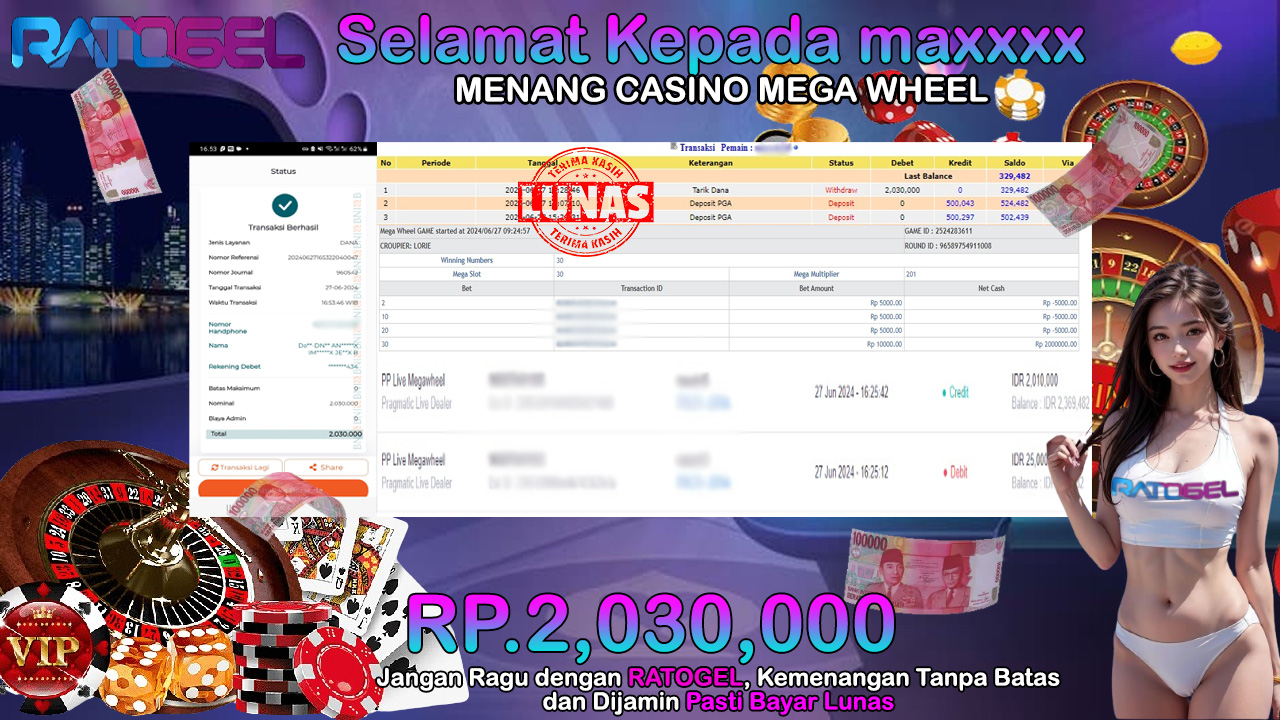 BUKTI JACKPOT LIVE CASINO MEGA WHEEL TERPERCAYA DI INDONESIA TGL 27-06-2024