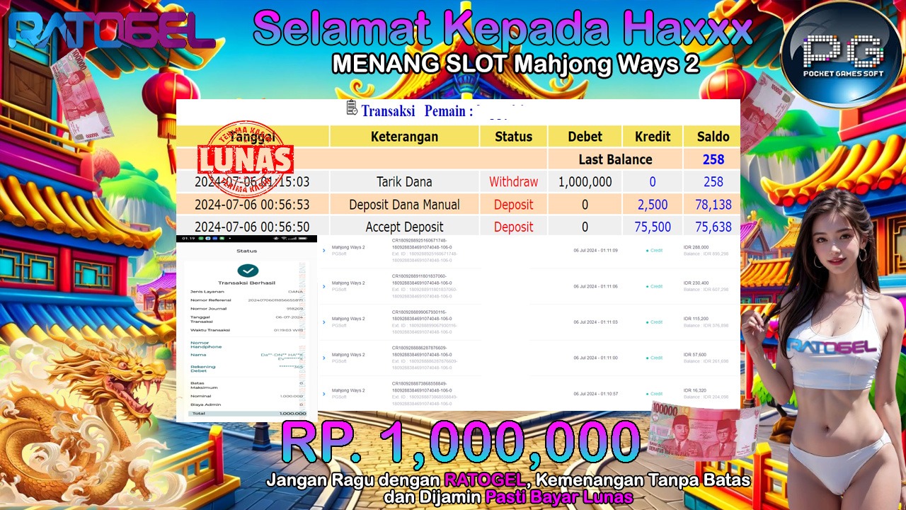 BUKTI JACKPOT SLOT MAHJONG WAYS 2 TERPERCAYA DI INDONESIA TGL 06-07-2024