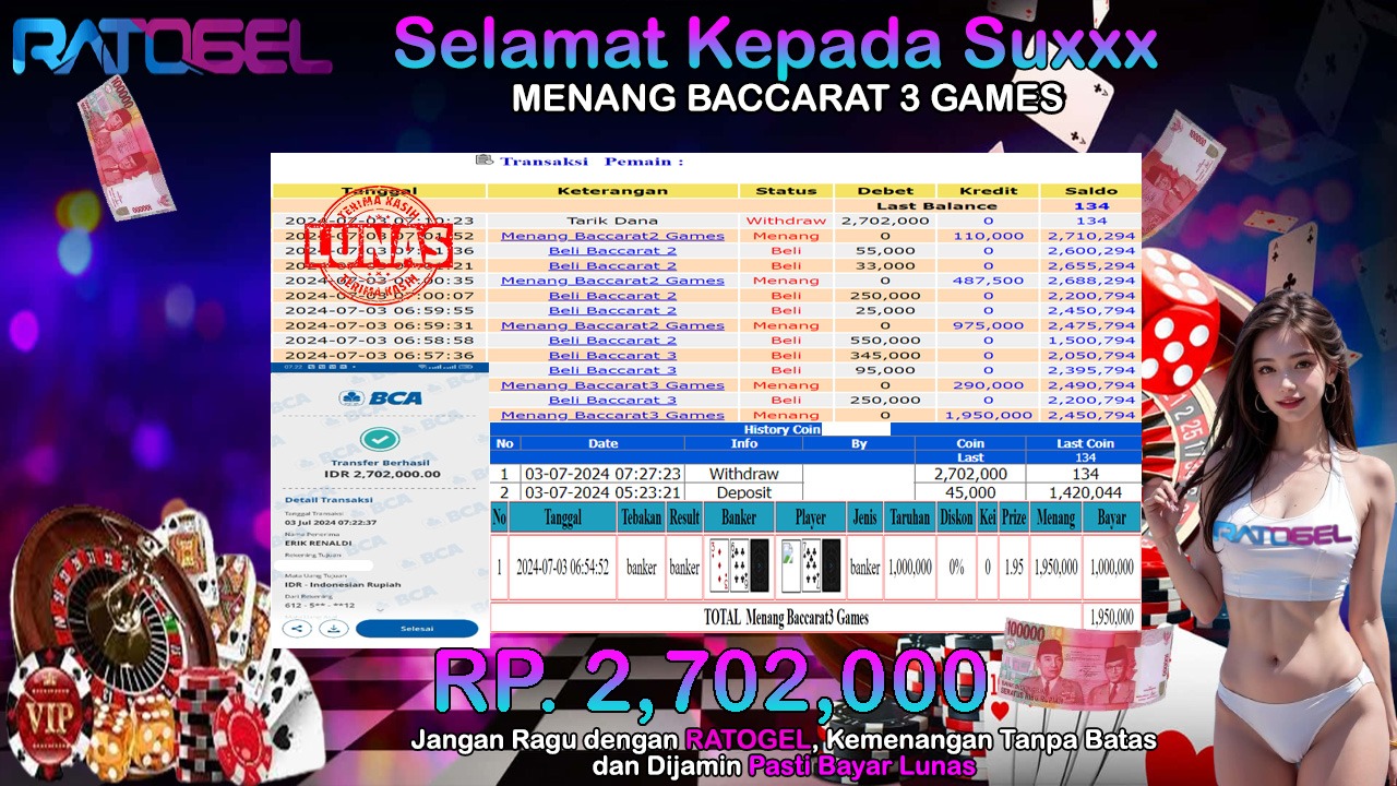 BUKTI JACKPOT BACCARAT 3 GAMES TERPERCAYA DI INDONESIA TGL 03-07-2024