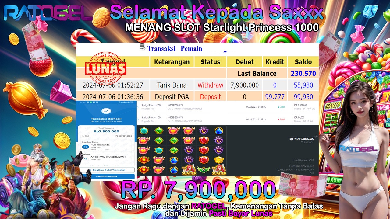 BUKTI JACKPOT SLOT STARLIGHT PRINCESS 1000 TERPERCAYA DI INDONESIA TGL 06-07-2024