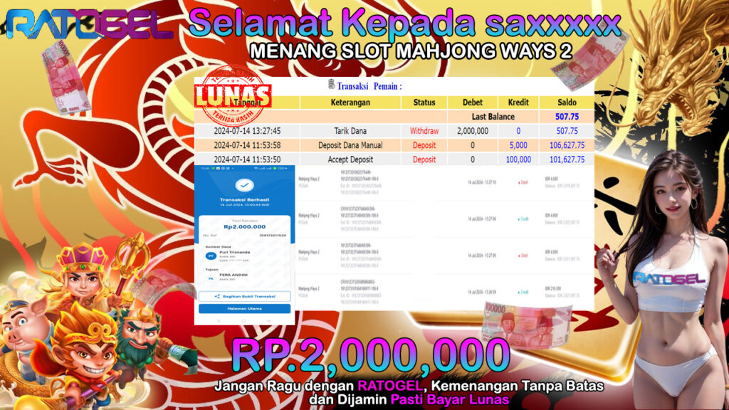 BUKTI JACKPOT SLOT MAHJONG WAYS 2 TERPERCAYA DI INDONESIA TGL 14-07-2024